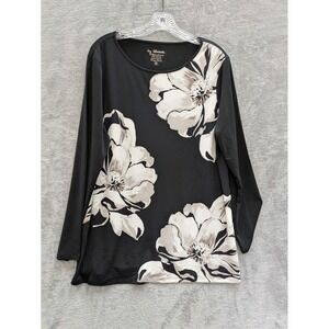 Chico's Shirt Womens 2 Black Floral Scoop Neck Long Sleeve Tunic Top Stretch
